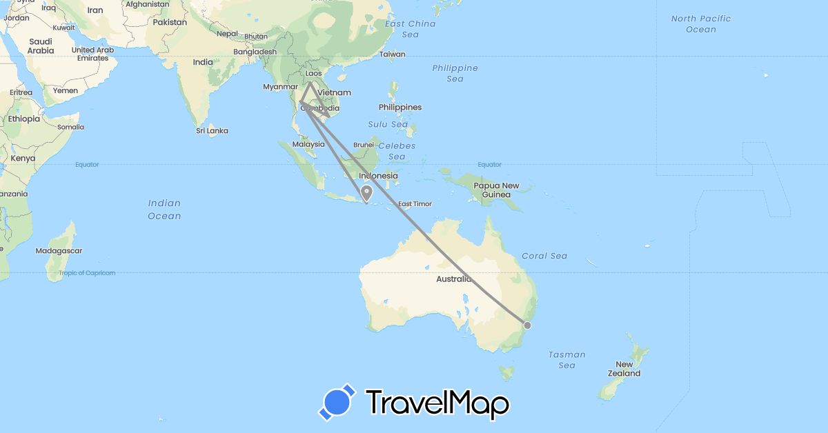 TravelMap itinerary: driving, plane in Australia, Indonesia, Laos, Thailand, Vietnam (Asia, Oceania)
